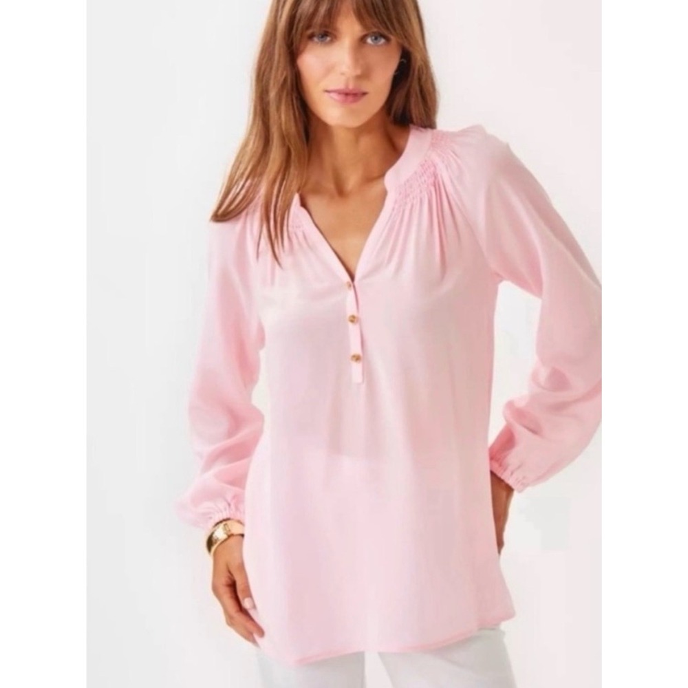 Lilly Pulitzer‎ Elsa Blouse XL 100% Silk Pink Long Sleeve Popover Tunic Top NWT